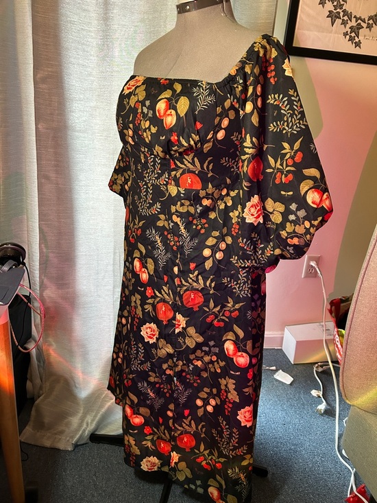 Cider Dresses & Skirts - Cider Black One-Shoulder Midi Dress with Red and Gold Floral Print